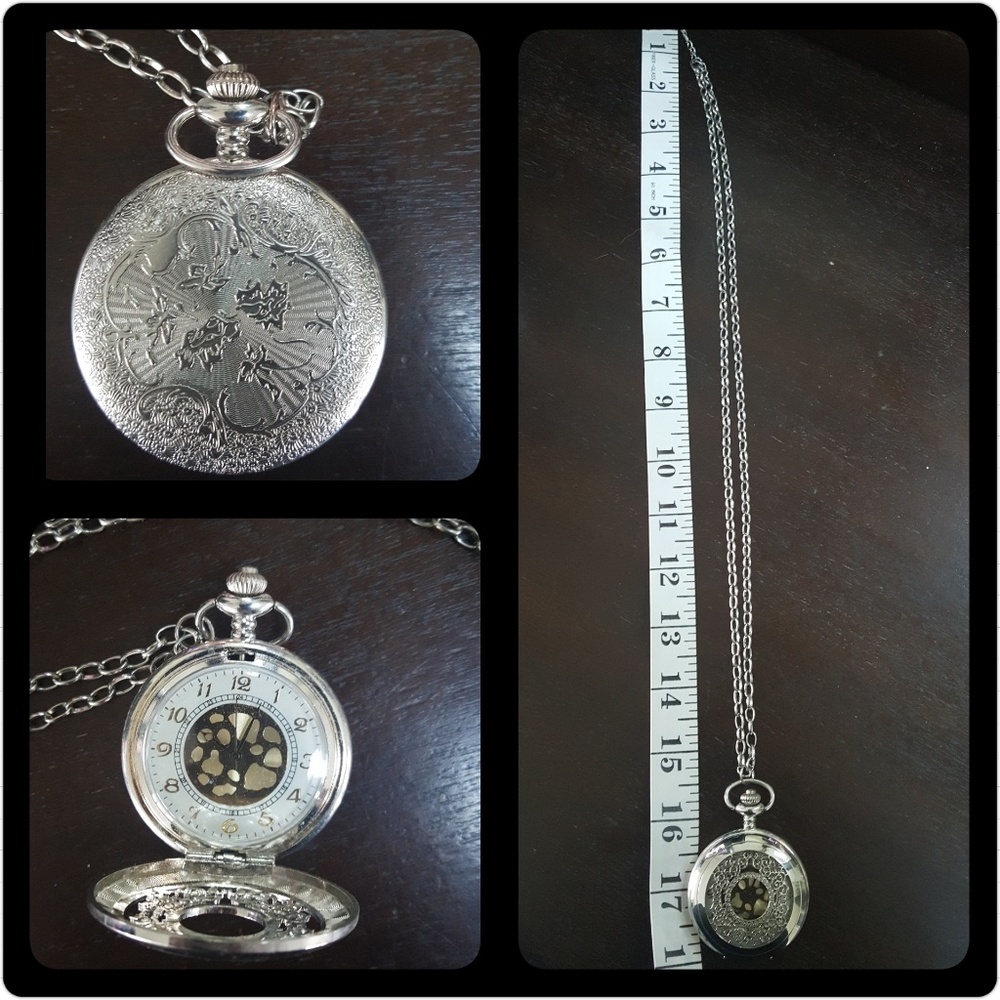 Silver pocket watch style necklace